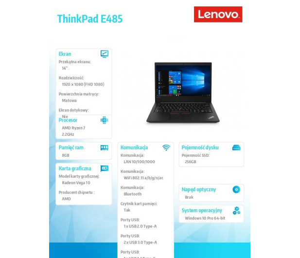 LENOVO ThinkPad E485 AMD Ryzen 7-2700U/8GB/256GB SSD/Radeon Vega 10/14''/W10P Czarny - 1460599 - zdjęcie 6